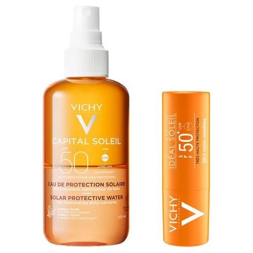 Vichy eau de protection bronzante spf50 200 ml + ideal soleil stick spf50+ 9 g protezione solare completa per corpo e zone sensibili
