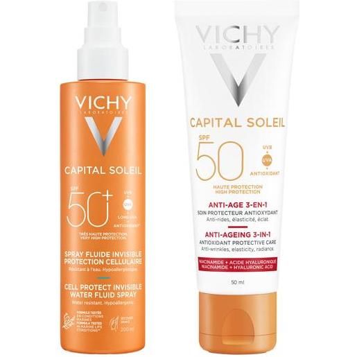 Vichy capital soleil cell protect spray spf50+ 200 ml + crema viso anti-età spf50 50 ml protezione solare completa anti-invecchiamento