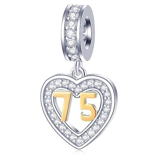GLOWDAS 75 anni anniversario charms fit pandora bracciale fai da te, oro 18 carati numero 75 ciondoli, 925 argento sterling 75th compleanno cuore ciondolo perline con cz, regali per mamma/nonni/pensione