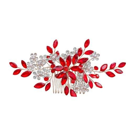 SLXLYH elegante fascia per capelli con strass fatti a mano, con perle artificiali, pettine per capelli per matrimoni ed eventi formali (pettine rosso)