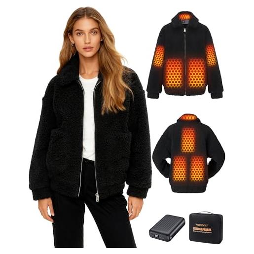 Topdot pile riscaldata donna con power bank 12v, 18400 m. Ah, 8 zone di con 3 livelli di temperatura, cappotto invernale casual in pile caldo e soffice con risvolto per all'aperto, cachi, s