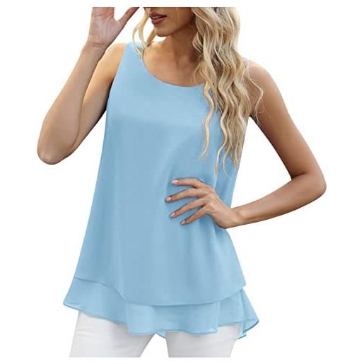 Ybing canottiera da donna in tinta unita, in chiffon, con orlo a doppio strato, elegante, scollo rotondo, senza maniche, leggera, da spiaggia, comoda, tunica, estiva, sottile, celeste. , xxl