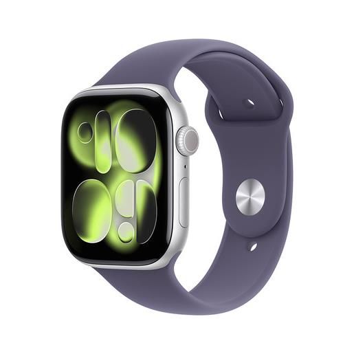 Apple watch series 11 gps 46mm cassa alluminio argento con sport band viola nebbia m/l