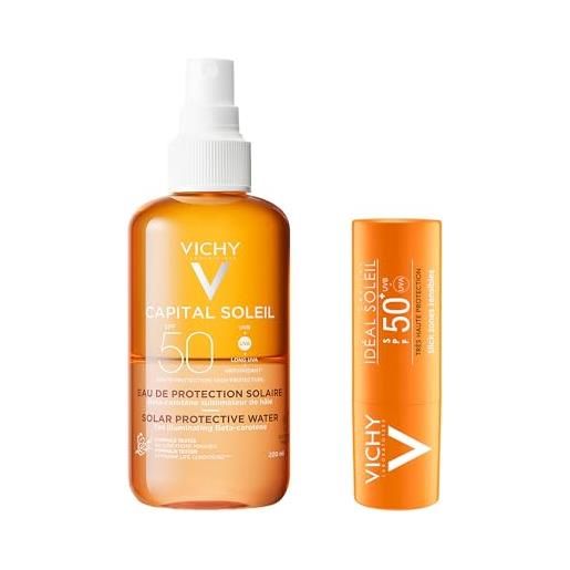 Vichy eau de protection bronzante spf50 200 ml + ideal soleil stick spf50+ 9 g | protezione solare completa per corpo e zone sensibili, resistente ad acqua e sudore