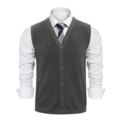 Sykooria gilet uomo senza maniche cardigan cotone bottoni v collo maglia sottile comoda per primavera autunno ufficio casual, grigio scuro xxl