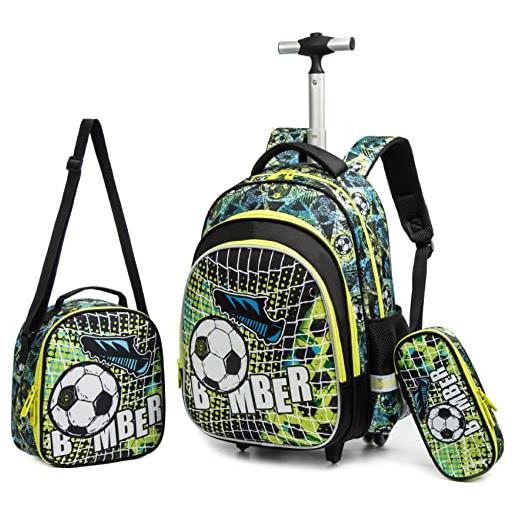 HTgroce zaino con ruote per la scuola, trolley con 2 ruote, per bambini, ragazze, in nylon, adatto per la scuola e i viaggi, con sacchetto e astuccio. , calcio verde, 42, sportivo, casual