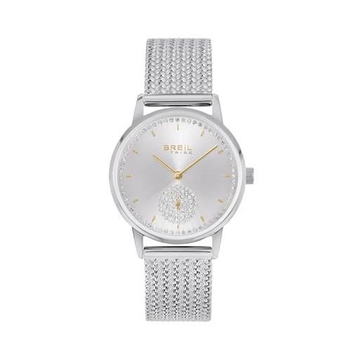 Breil, collezione drop, orologio donna, orologio in acciaio lucido, quadrante silver effetto sunray con cristalli, bracciale maglia mesh, water resistant 5 atm, cassa 32 mm, idea regalo donna