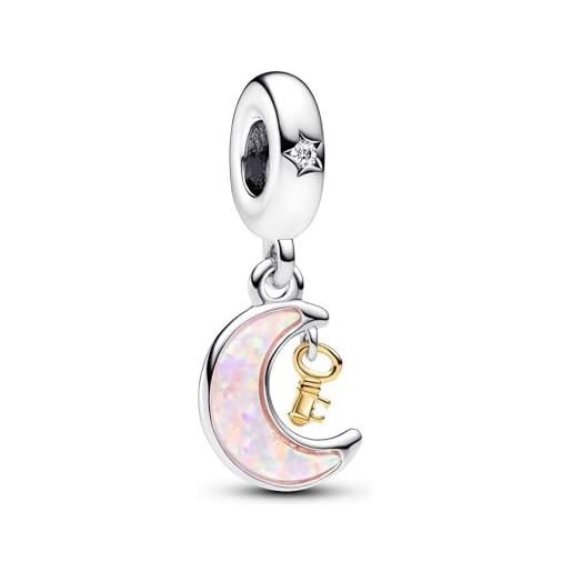 PANDORA pendente moments a forma di luna e chiave in argento sterling e placcato in oro 14k con zirconi cubici trasparenti e opale rosa creato in laboratorio