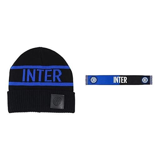 Inter, cappello unisex-adulto, nero, s-xl & sciarpa nuovo logo jaquard, diverse colorazioni, stadio unisex-adulto, bicolore nero/blu, taglia unica