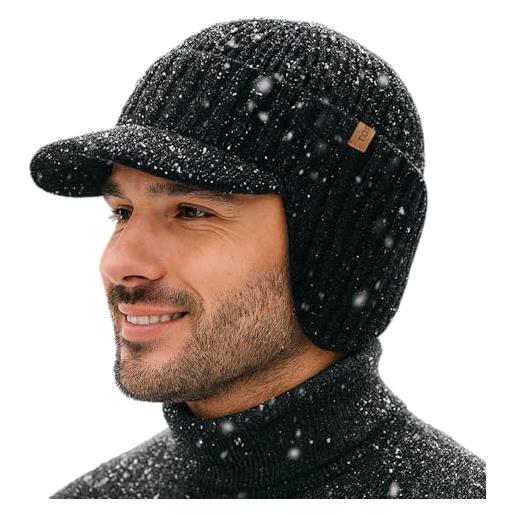 TOP-EX dry. Knit - berretto da uomo con visiera in 80% lana merino, impermeabile, con paraorecchie e fodera in pile, con visiera termica invernale da golf, per la stagione fredda, m-xxl, nero , m/l