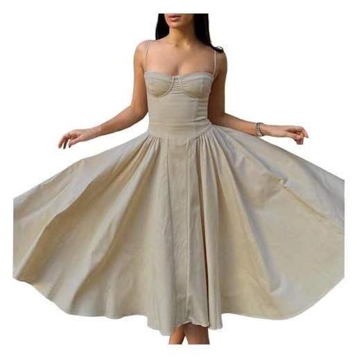 Jinsha vintage sexy vestito lungo estivo abito senza maniche spaghetti cinghie casual vacanza festivo a-line abito tinta solida con tasche donne marrone m