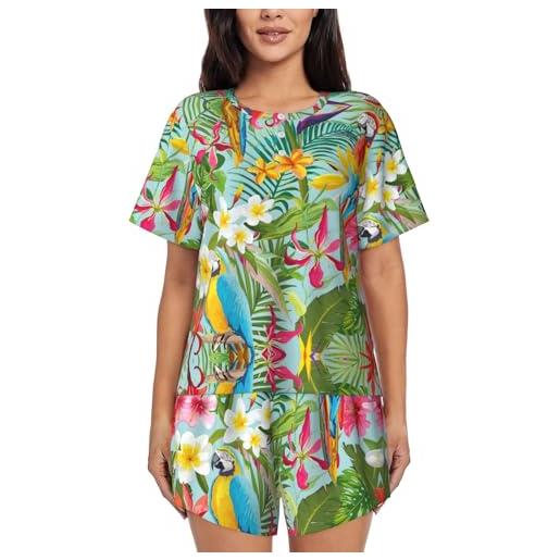 TTIGLHOH set pigiama da donna con piante tropicali e pappagalli set da 2 pezzi top a maniche corte e pantaloncini morbidi indumenti da notte, nero , m
