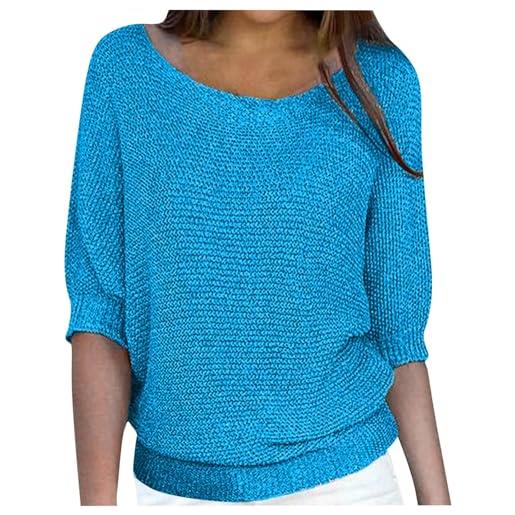Bascabeen maglione da donna lavorato a maglia, da donna, con maniche a 3/4, girocollo, tinta unita, camicetta, casual, lavorato a maglia, maglione leggero, maglioni caldi, azzurro, l