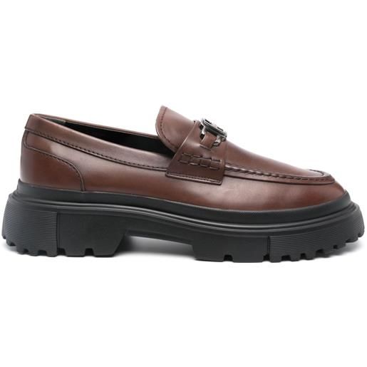 Hogan mocassini h619 in pelle con placca logo - marrone