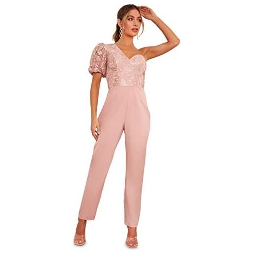 Chi Chi London tuta ricamata con maniche a sbuffo monospalla in blush, 38 eu