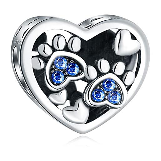 CRISNATA cucciolo cane zampa stampa charms con birthstone settembre, si adatta pandora pet bracciale, 925 argento sterling zaffiro cristallo pawprint cuore perline, regali per mamma/bambino/bambino