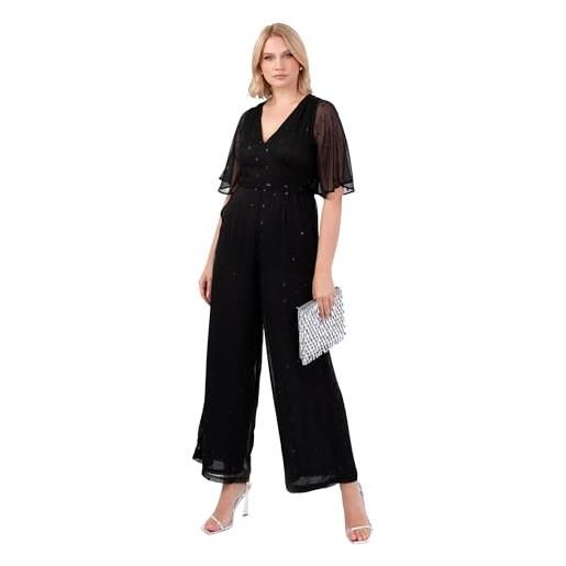 Lovedrobe women's jumpsuit ladies v-neck short flutter sleeve waist tie clipped spot chiffon evening party occasion cocktail tuta intera, nero, 50 donna