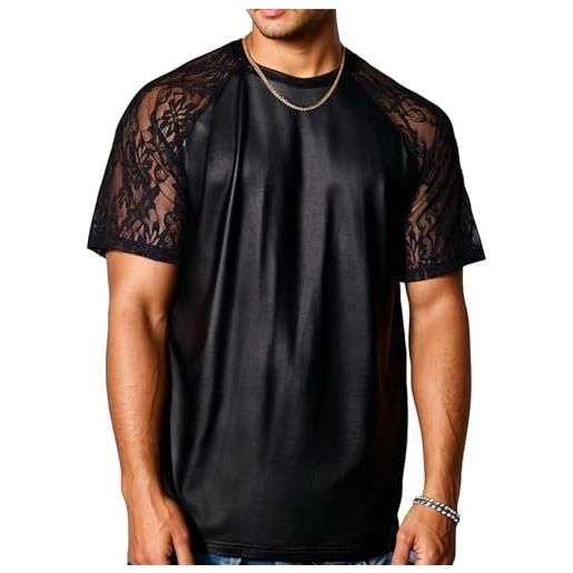 AIEOE t-shirt da uomo in pelle verniciata patchwork pizzo vestibilità ampia nera manica corta maglia discoteca partito top, pelle nera, xxl