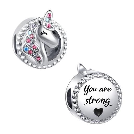 MiniJewelry charm a forma di unicorno colorato con citazione ispiratrice, compatibile con braccialetti pandora, misura unica, rame, nessuna pietra preziosa