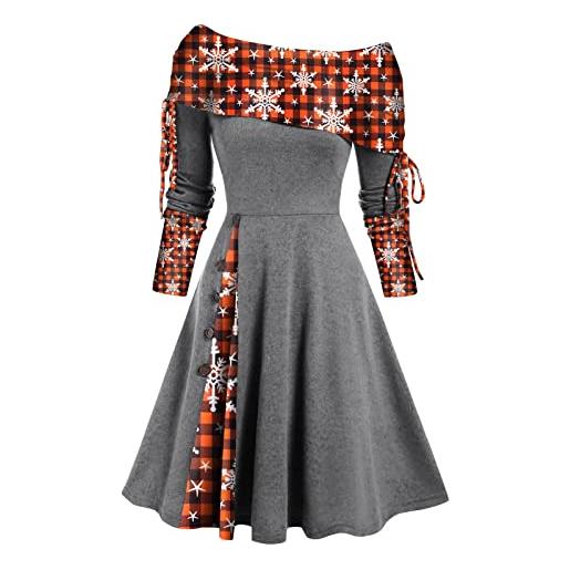 Huoghebg vestito natale donna offerte a tempo abito natalizio da donna a maniche lunghe abito natalizio stile hepburn retro elegante vestito lunghezza al ginocchiocon stampa natalizia abito donna curvy