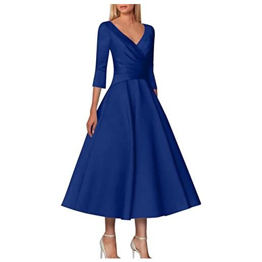 Generic abito da sera elegante per matrimonio, da donna, in raso, a maniche lunghe, elegante, lungo, con scollo a v, in tinta unita, maxi abito da cocktail, blu, xl
