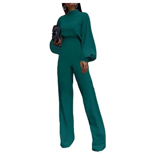 shownicer tuta da donna maniche lunghe tinta unita tuta a collo alto casual elegante tutine lunghi intere pantaloni a gamba larga jumpsuits a verde s