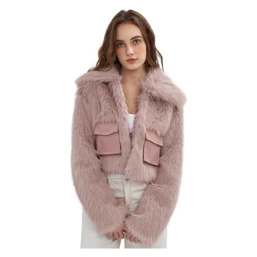 Amazhiyu cappotto da donna in pelliccia sintetica, giacca corta con revers, calda e morbida cappotti invernali con tasche rosa l