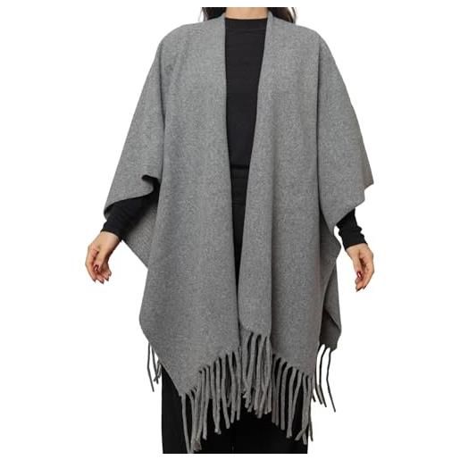avvolgimi poncho invernale caldo donna in misto lana mantella con frange a tinta unita con fronte aperto (nero)