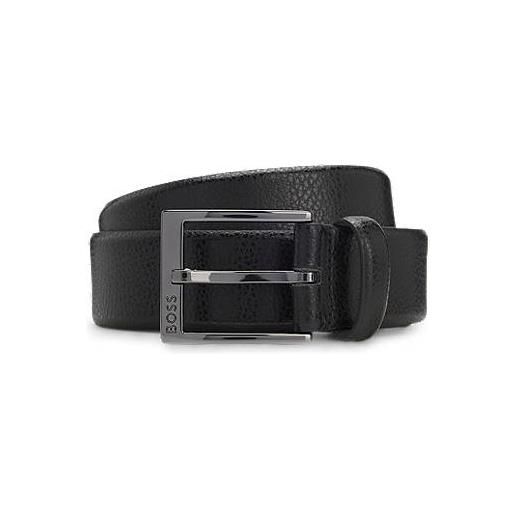 BOSS cintura in pelle italiana martellata con fibbia con logo, nero