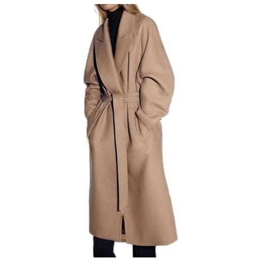 Getdoublerich cappotto casual in lana ispessita con risvolto da donna, extra lungo, vestibilità aderente, per autunno e inverno (m kaki)