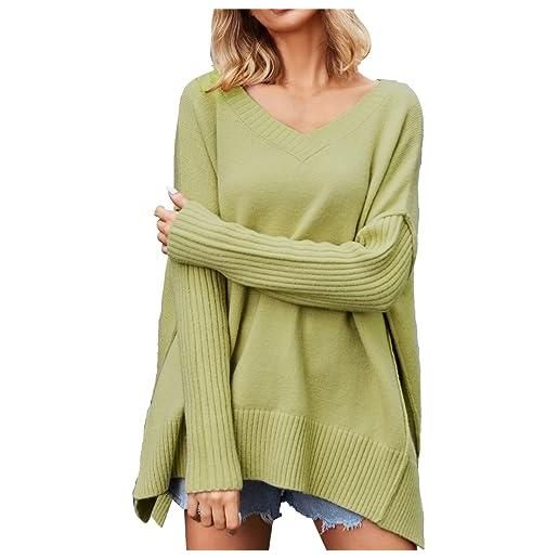Generic maglione da donna a maniche lunghe, oversize con scollo a v profondo, maglione da donna sciolto maglione casual tinta unita elegante pullover maglione moda spacchetti laterali tunica maglione