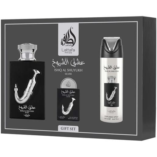 Lattafa pride ishq al shuyukh silver edp 100 ml + edp 20 ml + deo spray 200 ml