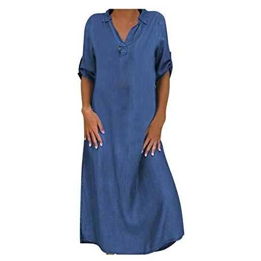 HHMY abito in jeans da donna, estivo, lungo, grande, a maniche corte, in jeans, vintage, tinta unita, abito lungo, oversize, estivo, in denim, per feste, cocktail, da sera, blu, xxl