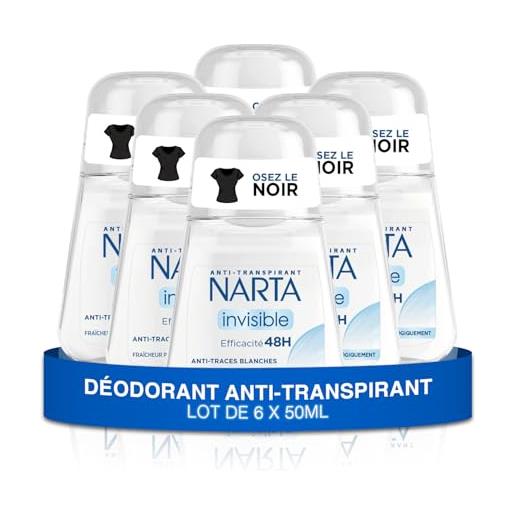 Narta - deodorante da donna a sfera - invisibile anti-traspirante efficacia 48 ore anti-impronte bianche - confezione da 6 x 50 ml
