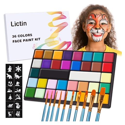 Lictin pittura per viso 36 colori-face paint, 10 pennelli professionali , 30 grafica per festa di halloween, compleanno, natale paletta di bellezza, grande rega