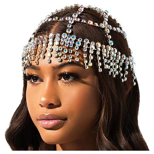 NICENEEDED copricapo con cappuccio in argento con catena a testa di nappa con strass colorati, roaring 20s crystal flapper cap, gioielli con testa di strass scintillanti accessori per capelli