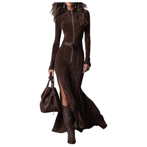 cffvdiz vestito da donna in similpelle scamosciata sexy aderente con cerniera maniche lunghe stile vintage western abito lungo bodycon, marrone, s