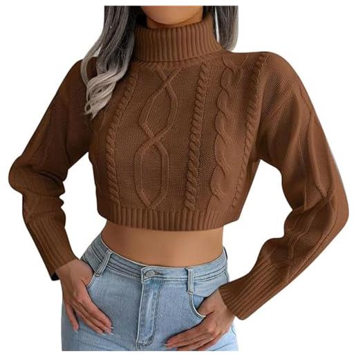 PODOLIXIA maglione da donna corto a cropped, colletto alto, senza pancia, a maniche lunghe, con collo alto, in jacquard, per il tempo libero, marrone, s