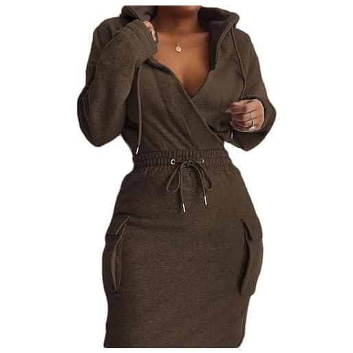 BIRW abito con cappuccio da donna 2024 slim casual a maniche lunghe a vita alta con coulisse pullover aderente abiti in felpa, caffè denso, l