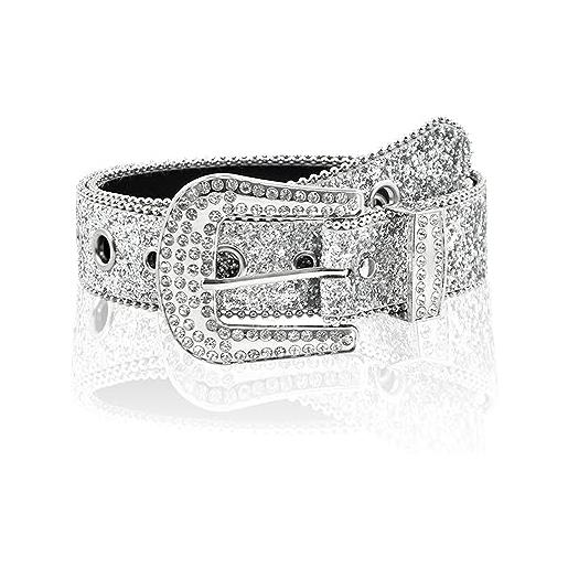 JK Home cintura glitterata uomo donna finta pelle cristallo con foro ago fibbia in metallo occidentale cowboy cowgirl per pantaloni lucidi, argento 3,8 cm, 114cm