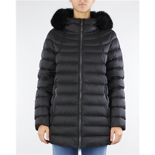 COLMAR piumino nero a trapezio con cappuccio e vera pelliccia