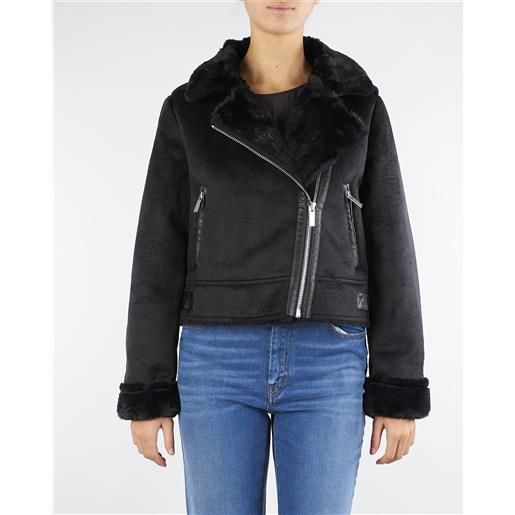 VICOLO giubbotto nero cropped effetto scamosciato