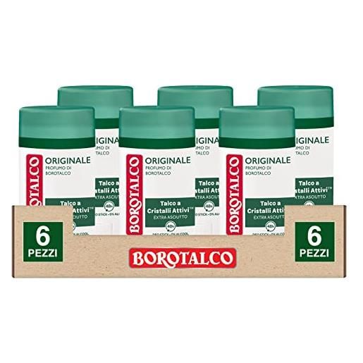 Borotalco deodorante original deo stick con talco a cristalli attivi per pelle asciutta assrobe il sudore efficacia 48h - 6 flaconi da 40ml ognuno