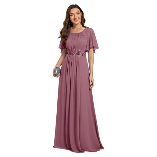 Ever-Pretty abito cerimonia donna lungo con scollo tondo e maniche con volant vestito da cerimonia con pizzo floreale abito maxi elegante denim blu 44