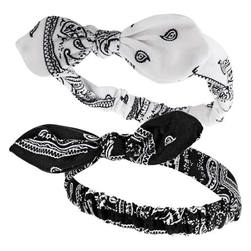 Sibba 2 fasce elastiche per capelli da donna, fascia elastica per capelli, fascia per capelli, bandana da donna, bandana boho con stampa, accessorio per capelli anni '90 (bianco + nero)