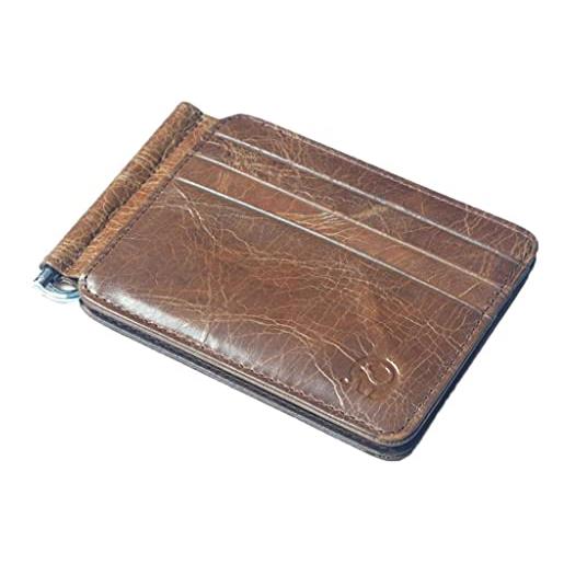 misppro portafoglio sottile da uomo in pelle con porta carte di credito e clip per banconote, marrone, nero, 0