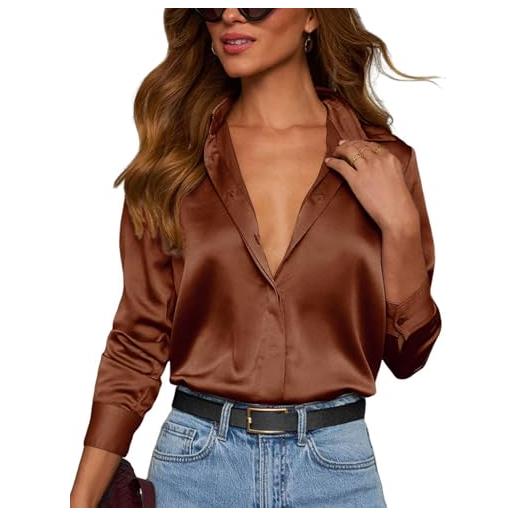 Neweek camicie da donna in raso con bottoni, a maniche lunghe, camicie da lavoro in seta, camicette da donna eleganti e casual a tunica, caffè, s