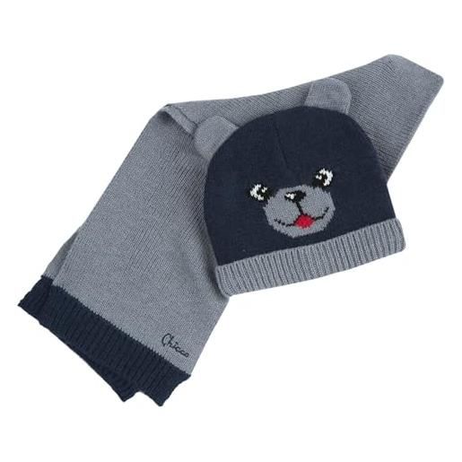 Chicco, set composto da cappello con sciarpa in maglia misto lana, blu e grigio (24 mesi)