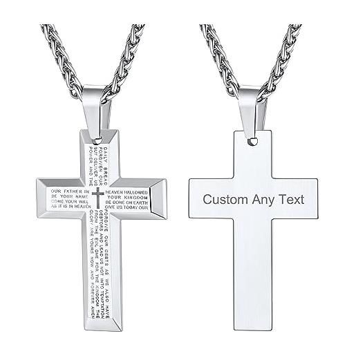 Roheafer Collana Croce Argento Sterling 925 Uomo Donna Catena Grano In Acciaio Inossidabile 2.5 Mm Collana Ciondolo Crocifisso Placcato Oro Bianco 18K Collana Catena Croce Bordo Smussato Lucido 61 Cm