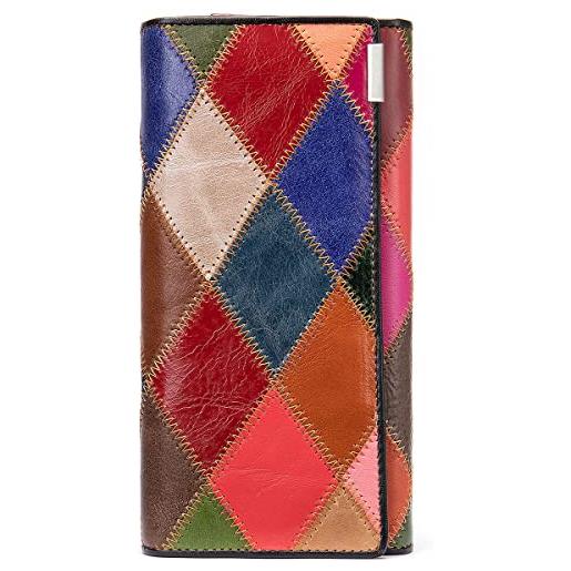 Karoukee lungo bifold portafoglio in vera pelle da donna, patchwork unico pochette colorato per cellulare, portafoglio porta carte di credito di grande capacità, porta monete con kiss lock